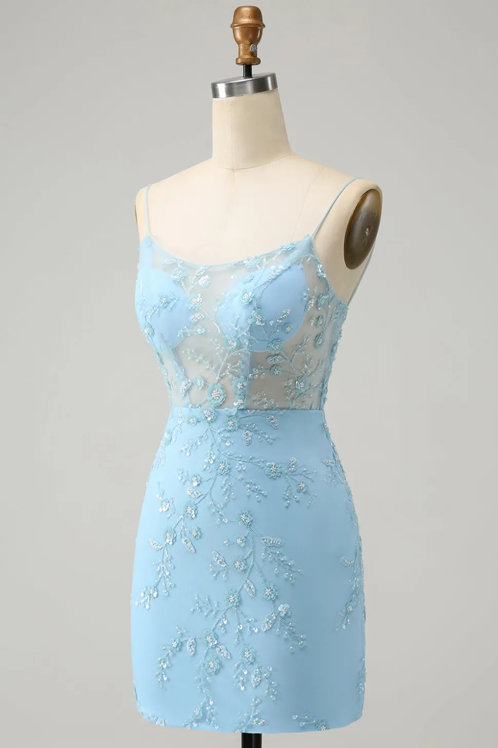Esparguete Azul Correias Bodycon Homecoming Dress com Renda-Up Back
