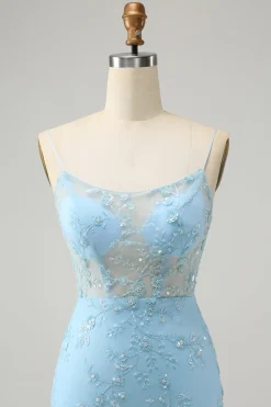 Esparguete Azul Correias Bodycon Homecoming Dress com Renda-Up Back