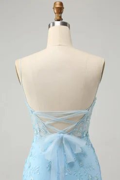 Esparguete Azul Correias Bodycon Homecoming Dress com Renda-Up Back