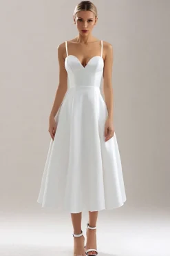 Esparguete Branco Correias Uma Linha Midi Ensaio Vestido de Jantar
