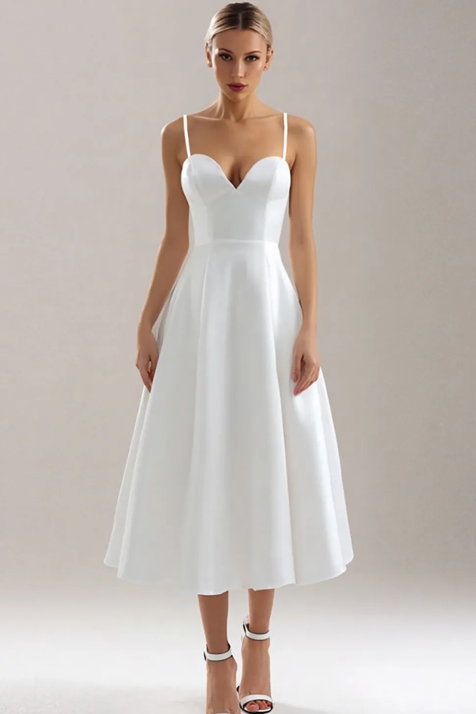 Esparguete Branco Correias Uma Linha Midi Ensaio Vestido de Jantar