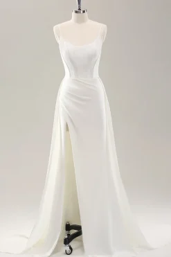 Esparguete branco correias cetim varrer trem vestido de noiva com fenda