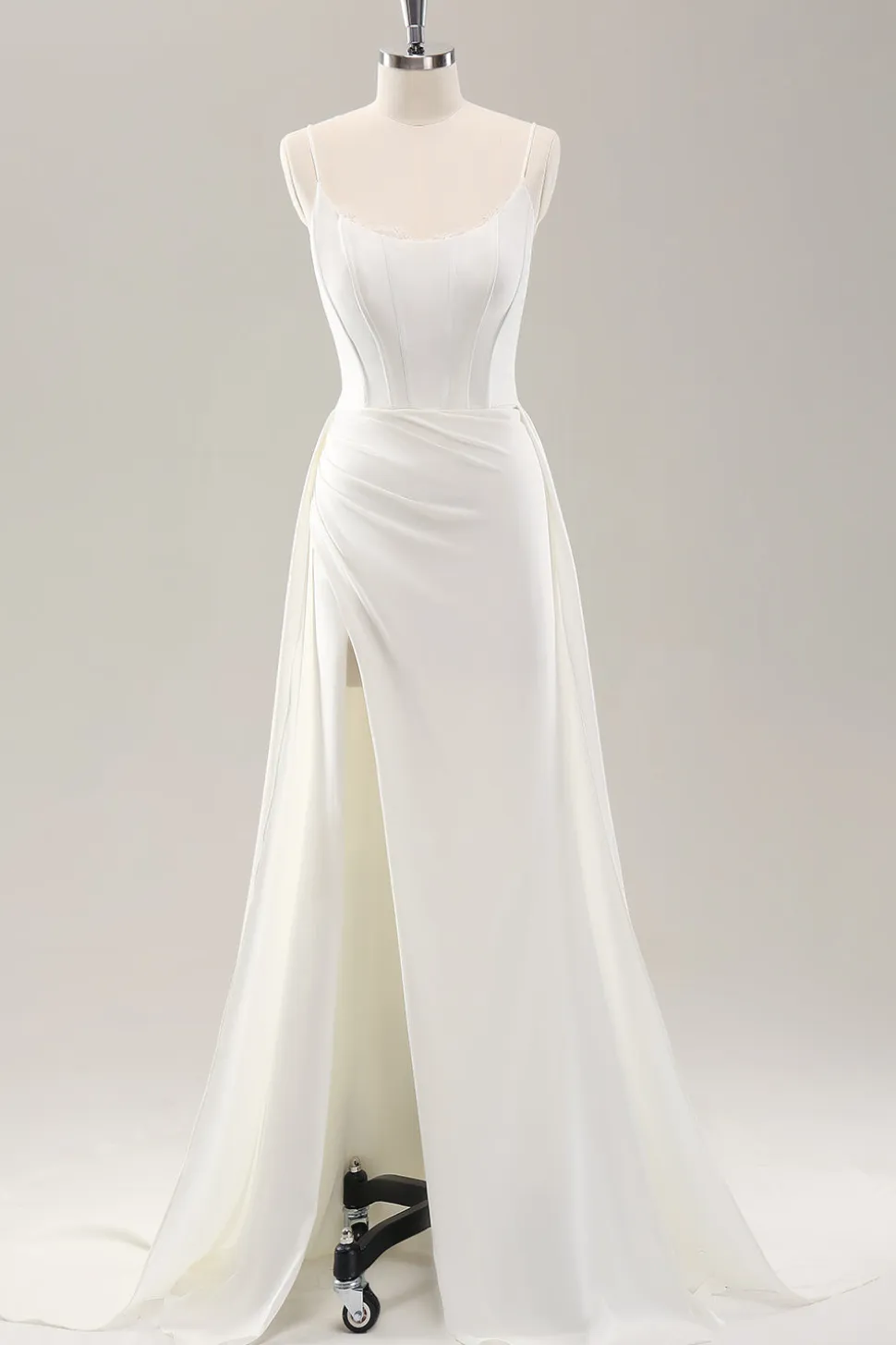 Esparguete branco correias cetim varrer trem vestido de noiva com fenda