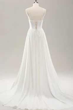 Esparguete branco correias cetim varrer trem vestido de noiva com fenda