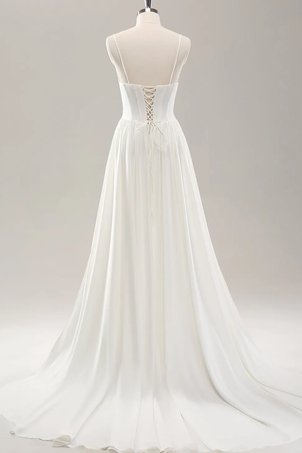Esparguete branco correias cetim varrer trem vestido de noiva com fenda