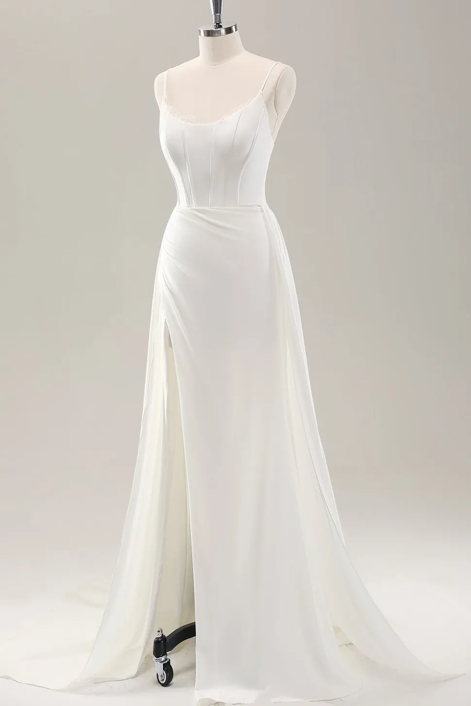 Esparguete branco correias cetim varrer trem vestido de noiva com fenda