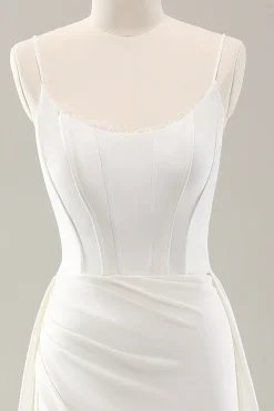 Esparguete branco correias cetim varrer trem vestido de noiva com fenda