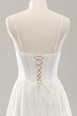 Esparguete branco correias cetim varrer trem vestido de noiva com fenda