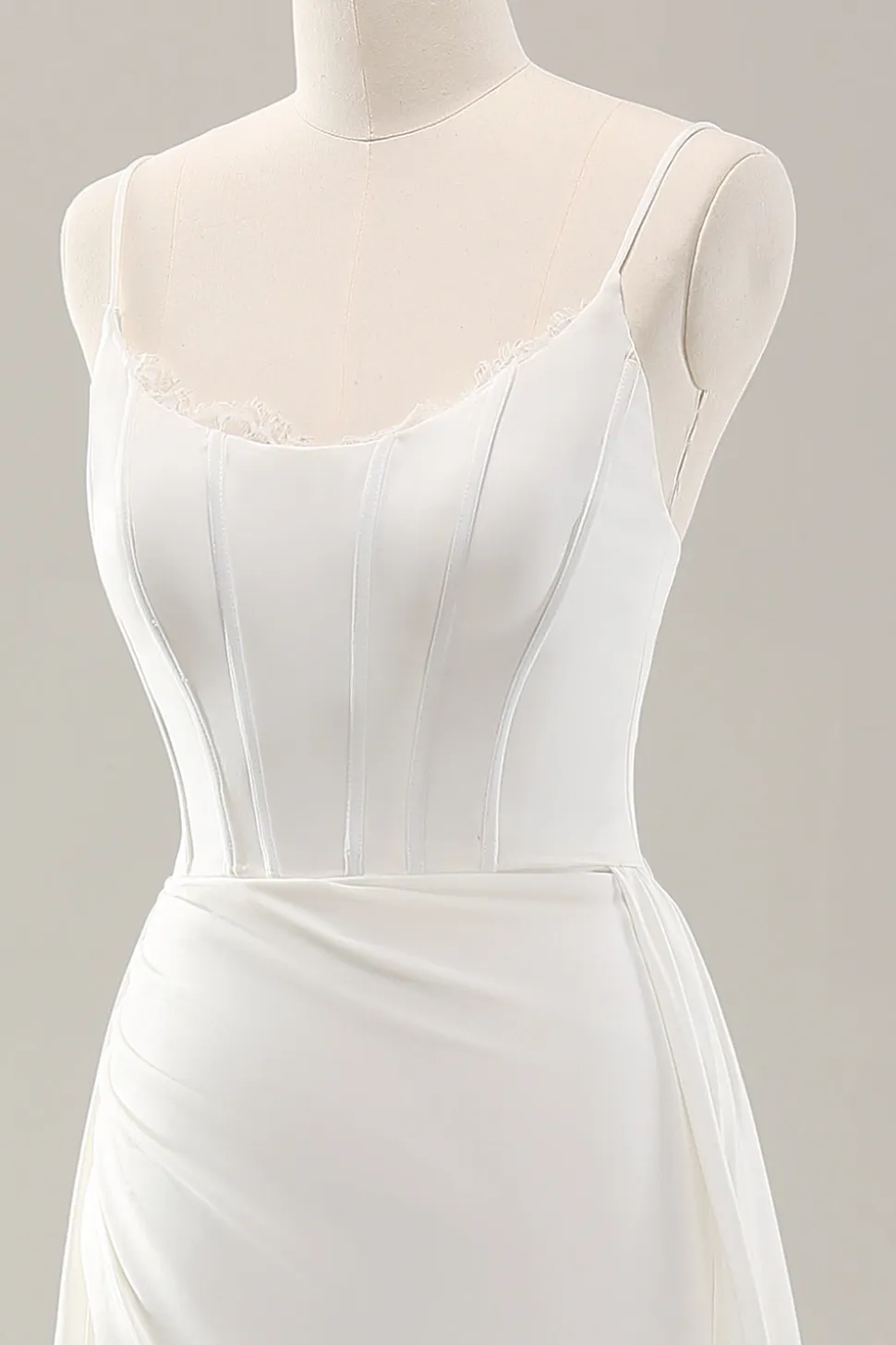 Esparguete branco correias cetim varrer trem vestido de noiva com fenda