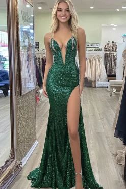 Esparguete Brilhante Correias Verde Escuro Sereia Vestido de Baile com Fenda