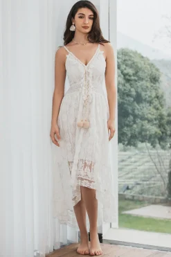 Esparguete Correias Alto-Baixo Vestido Branco com Renda
