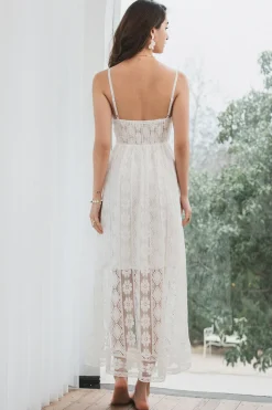 Esparguete Correias Alto-Baixo Vestido Branco com Renda