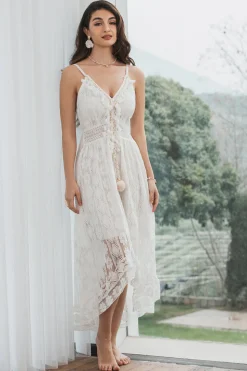 Esparguete Correias Alto-Baixo Vestido Branco com Renda