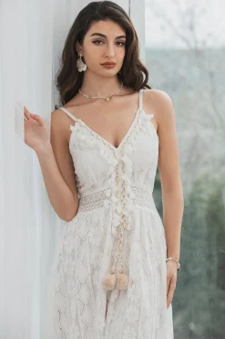 Esparguete Correias Alto-Baixo Vestido Branco com Renda