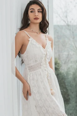 Esparguete Correias Alto-Baixo Vestido Branco com Renda