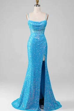 Esparguete Correias Azul Brilhante Corset Prom Dress com Fenda