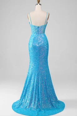 Esparguete Correias Azul Brilhante Corset Prom Dress com Fenda