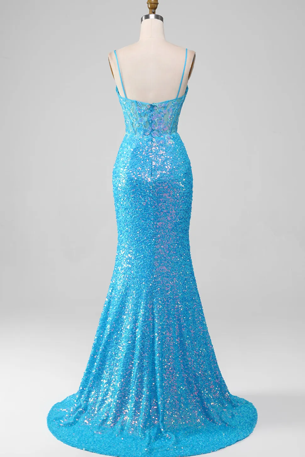 Esparguete Correias Azul Brilhante Corset Prom Dress com Fenda