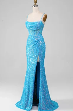 Esparguete Correias Azul Brilhante Corset Prom Dress com Fenda