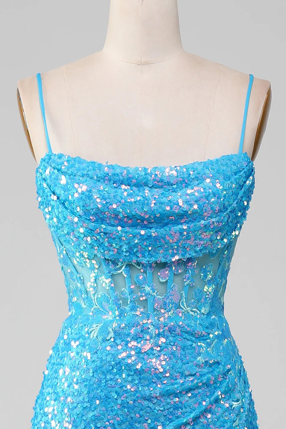Esparguete Correias Azul Brilhante Corset Prom Dress com Fenda