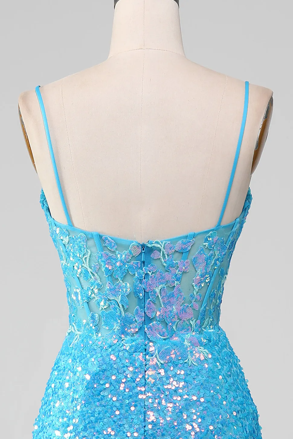Esparguete Correias Azul Brilhante Corset Prom Dress com Fenda