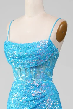 Esparguete Correias Azul Brilhante Corset Prom Dress com Fenda