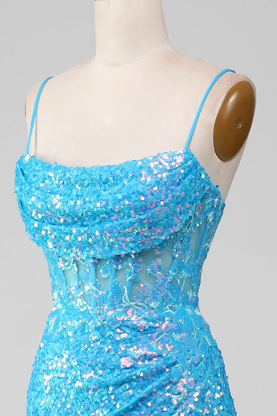 Esparguete Correias Azul Brilhante Corset Prom Dress com Fenda