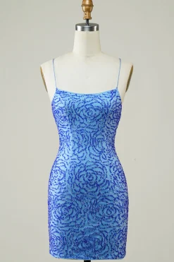 Esparguete Correias Azul Apertado Glitter Homecoming Dress com frisado
