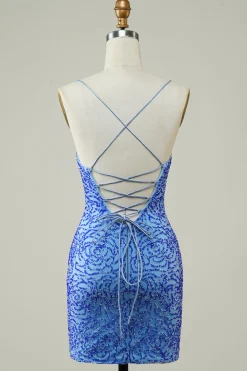 Esparguete Correias Azul Apertado Glitter Homecoming Dress com frisado
