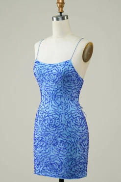 Esparguete Correias Azul Apertado Glitter Homecoming Dress com frisado