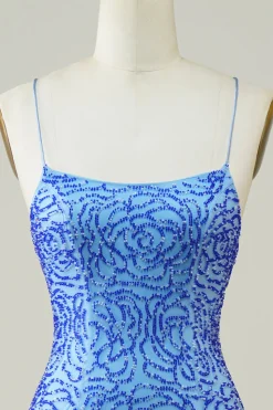 Esparguete Correias Azul Apertado Glitter Homecoming Dress com frisado