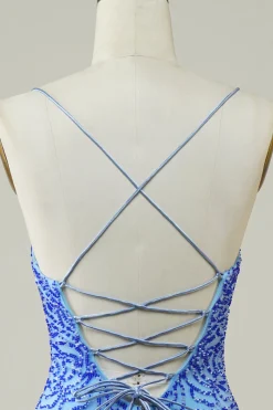 Esparguete Correias Azul Apertado Glitter Homecoming Dress com frisado