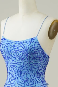 Esparguete Correias Azul Apertado Glitter Homecoming Dress com frisado