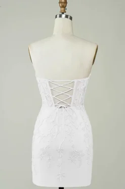 Esparguete Correias Bodycon Vestido Branco Pequeno com Apliques
