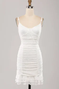 Esparguete Correias Bodycon Plissado Renda Pequeno Vestido de Formatura Branco