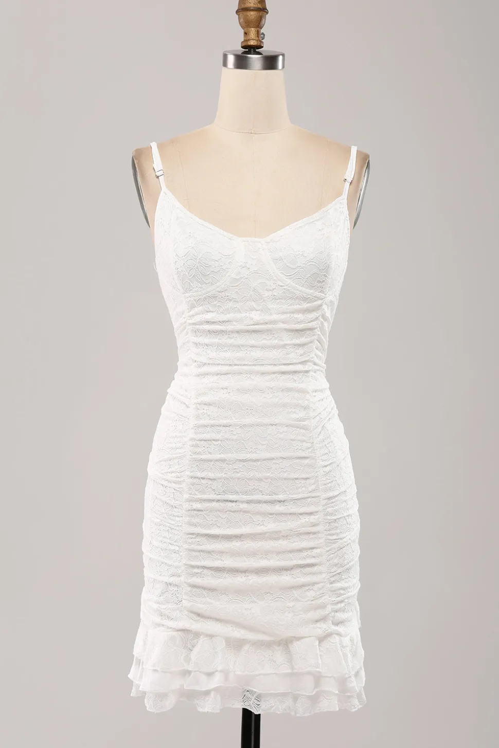 Esparguete Correias Bodycon Plissado Renda Pequeno Vestido de Formatura Branco