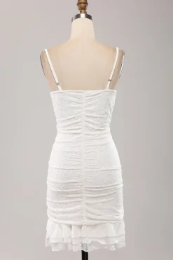 Esparguete Correias Bodycon Plissado Renda Pequeno Vestido de Formatura Branco