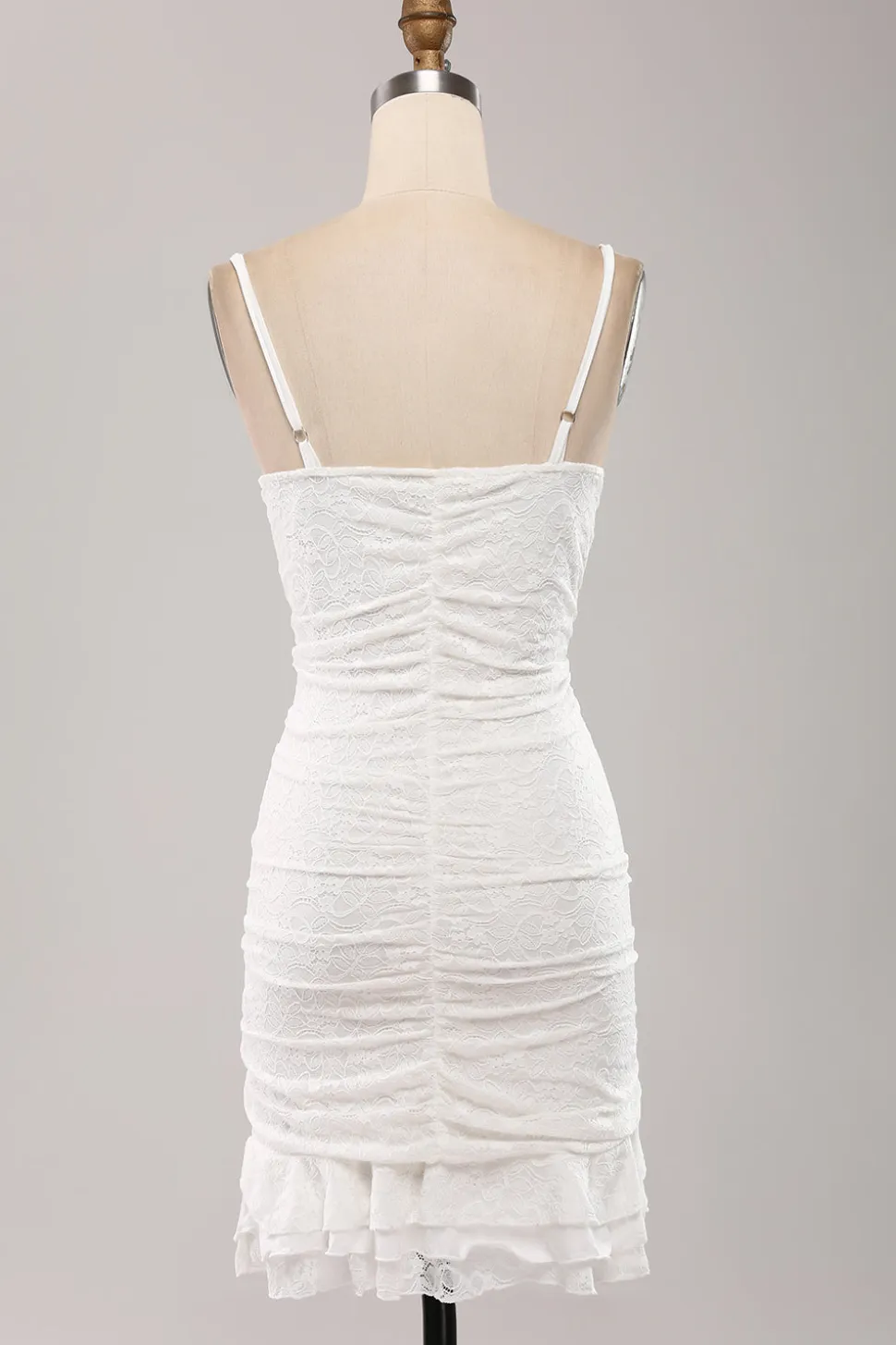 Esparguete Correias Bodycon Plissado Renda Pequeno Vestido de Formatura Branco
