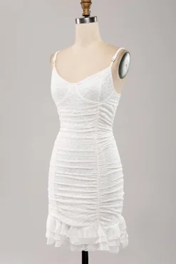 Esparguete Correias Bodycon Plissado Renda Pequeno Vestido de Formatura Branco