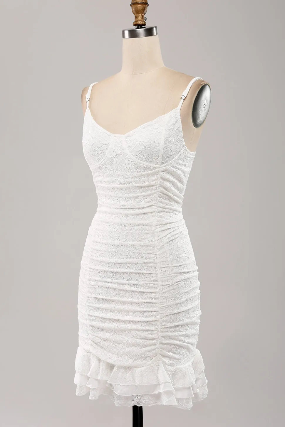 Esparguete Correias Bodycon Plissado Renda Pequeno Vestido de Formatura Branco