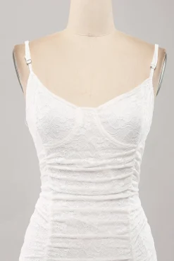 Esparguete Correias Bodycon Plissado Renda Pequeno Vestido de Formatura Branco