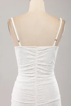 Esparguete Correias Bodycon Plissado Renda Pequeno Vestido de Formatura Branco