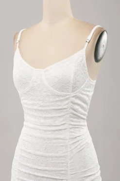 Esparguete Correias Bodycon Plissado Renda Pequeno Vestido de Formatura Branco
