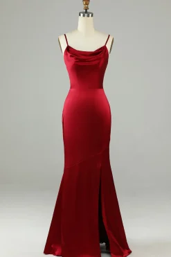 Esparguete Correias Borgonha Vestido Longo Madrinha com Fenda