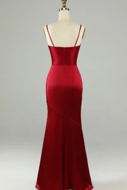 Esparguete Correias Borgonha Vestido Longo Madrinha com Fenda