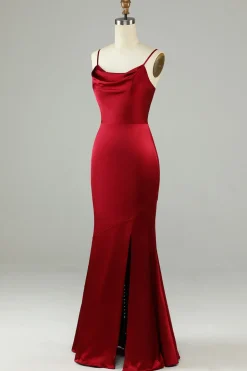 Esparguete Correias Borgonha Vestido Longo Madrinha com Fenda