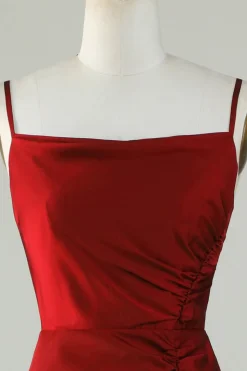 Esparguete Correias Borgonha Vestido Longo Madrinha com Frente Dividida