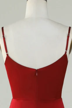 Esparguete Correias Borgonha Vestido Longo Madrinha com Frente Dividida