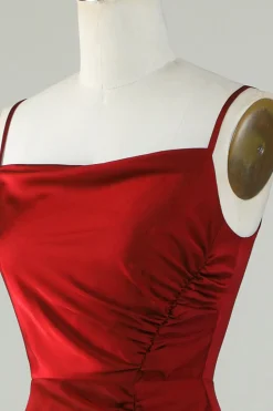 Esparguete Correias Borgonha Vestido Longo Madrinha com Frente Dividida