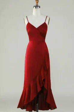 Esparguete Correias Borgonha Vestido Madrinha com Folhos